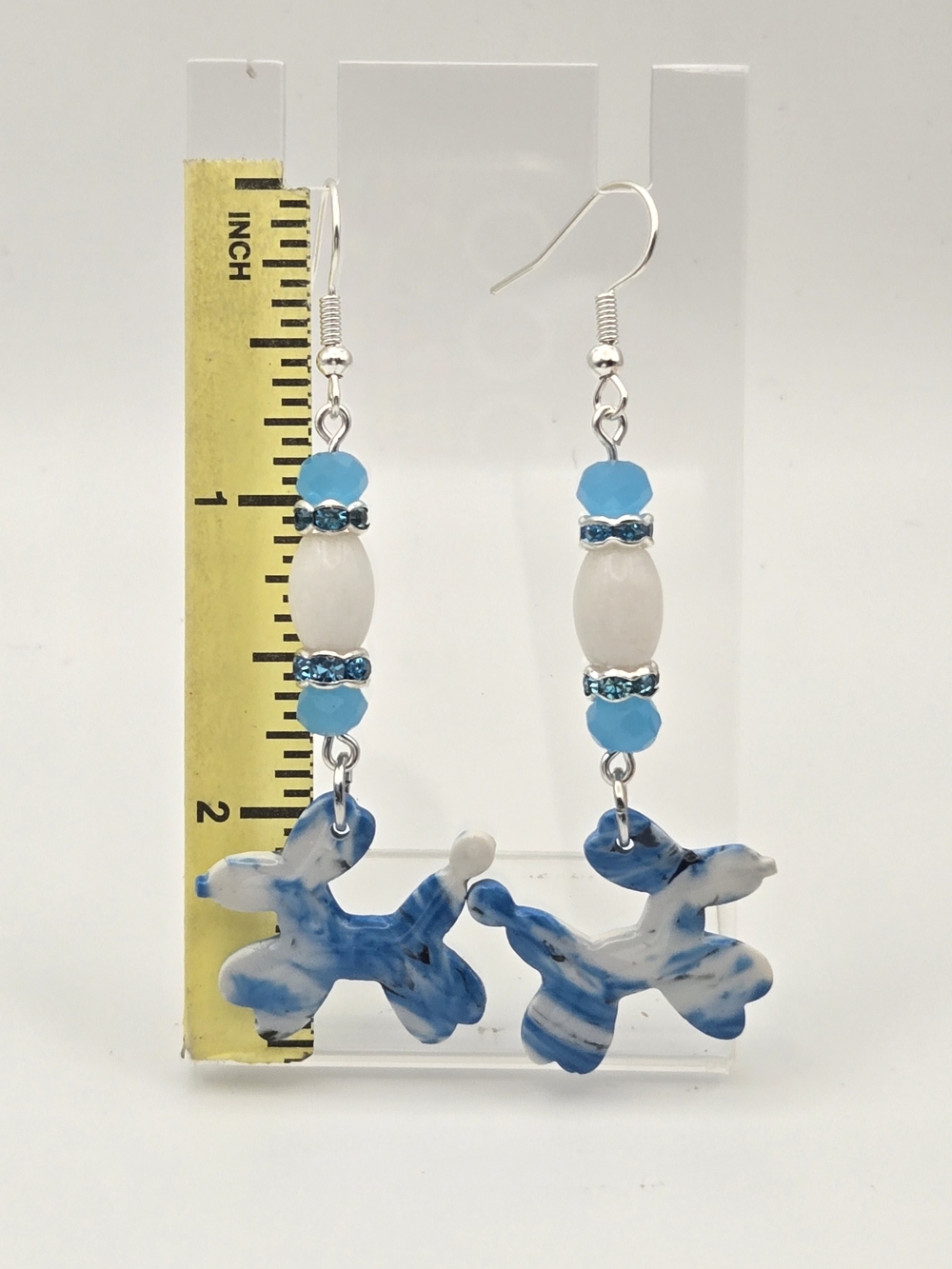 #B519- Blue & White Balloon Dog Drop Earrings - Women Jewelry - Picture 2 of 2